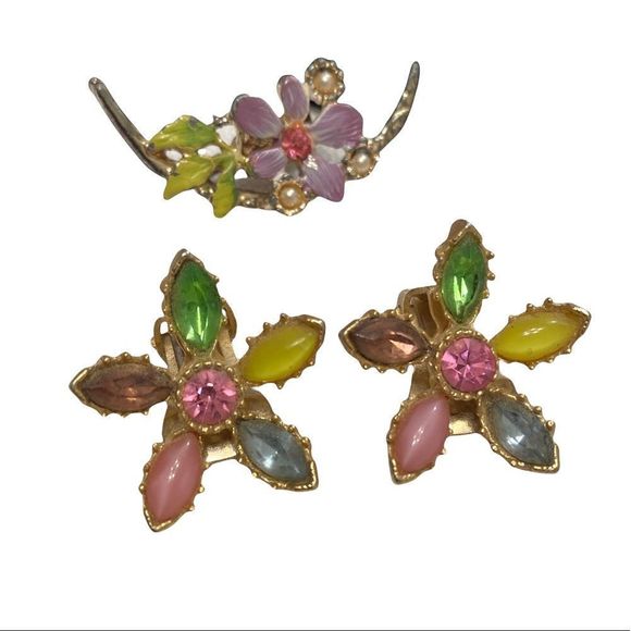 Vintage Multi Color Flower Rhinestone Earrings And Brooch - Picture 4 of 16